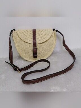 Woven Straw Crossbody Bag with Brown Leather Strap